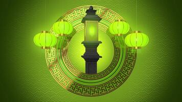 CHINESE LUNAR NEW YEAR ABSTRACT BACKGROUND WITH ORIENTAL GREEN AND GOLD ROUND ORNAMENT ROTATING LANTERNS STONE GARDEN LAMP LOOP ANIMATION video