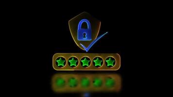 Looping neon glow effect padlock icon on shield Five stars verify authenticity, black background video