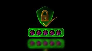 Looping neon glow effect padlock icon on shield Five stars verify authenticity, black background video