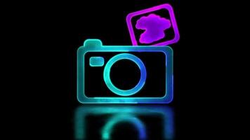 Looping neon glow effect camera icon, black background video