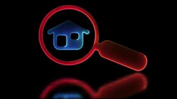 Looping neon glow effect home search icon, black background video