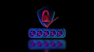 Looping neon glow effect padlock icon on shield Five stars verify authenticity, black background video