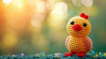 AI generated Crocheted chicken toy vibrant backdrop, handcrafted and adorable, Ai Generated photo