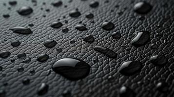 AI generated Glistening water drops on a sleek black leather surface create a stunning contrast, Ai Generated. photo