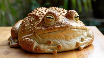 AI generated Unique bread loaf resembling an frog resting on a wooden table, Ai Generated photo