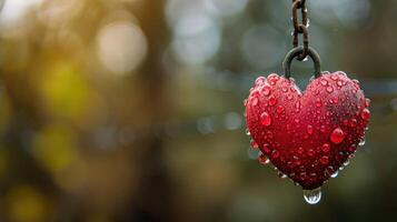 AI generated Red heart pendant on a chain, adorned with glistening water drops, Ai Generated photo