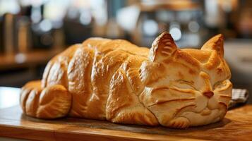 AI generated Unique bread loaf resembling an cat resting on a wooden table, Ai Generated photo