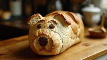 ai generado único un pan pan parecido a un perro descansando en un de madera mesa, ai generado foto