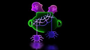 Neon light effect loop halloween icon, ghost leaves cauldron, black background. video