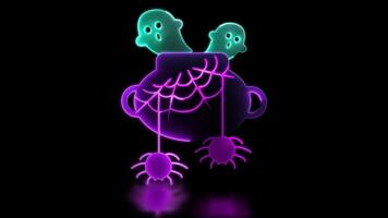 Neon light effect loop halloween icon, ghost leaves cauldron, black background. video