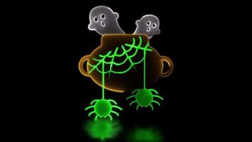 Neon light effect loop halloween icon, ghost leaves cauldron, black background. video