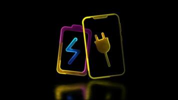 Looping neon glow effect Battery charger and phone icon, black background video