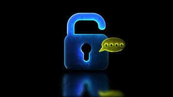 Looping neon glow effect Lock icon with security code, black background. video