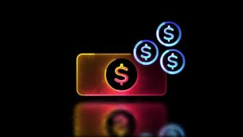 looping néon brilho efeito financeiro notas e moedas ícones, Preto fundo video