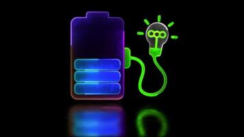 Looping neon glow effect Idea light bulb charging battery icon, black background video