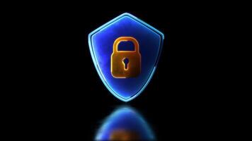 looping neon gloed effect veiligheid bescherming hangslot en schild icoon, zwart achtergrond video