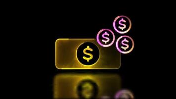 looping neon gloed effect financieel bankbiljetten en munten pictogrammen, zwart achtergrond video