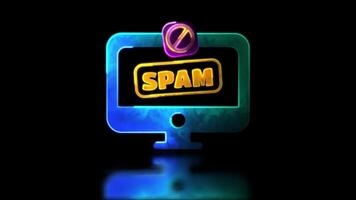 Schleifen Neon- glühen bewirken Computer Bildschirm Symbol, in acht nehmen von Spam, Betrüger, schwarz Hintergrund video