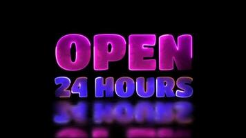 Looping neon glow effect open 24 hours icons, black background. video