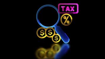 Looping neon glow effect tax and financial audit magnifying glass icon Black background. video