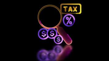 looping neon gloed effect belasting en financieel audit vergroten glas icoon zwart achtergrond. video