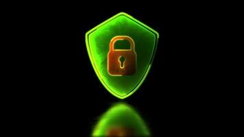 Looping neon glow effect Security protection padlock and shield icon, black background video