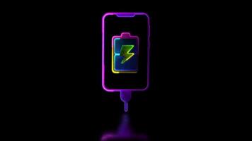 Looping neon glow effect Battery charger and phone icon, black background video