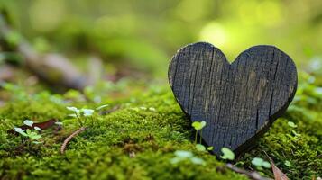 AI generated Close-up of wooden heart in moss, Ai Generated photo