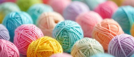 AI generated A captivating abstract backdrop with multicolored yarn balls, creating a warm and inviting knitting-themed background with pastel soft colors, Ai Generated. photo
