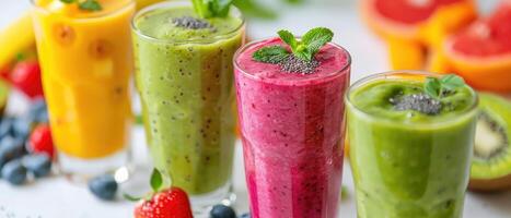 ai generado Tres lentes de batidos con diferente tipos de frutas y bayas en un mesa, ai generado foto