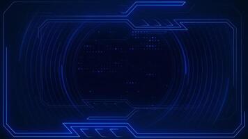 futuristisch Technologie Hintergrund mit Blau glühend Neon- Kreise und blinkend Digital Daten Beleuchtung mit ein Neon- Technik Grenze. Computer Netzwerk Server Konzept. voll hd und Schleifen Animation. video