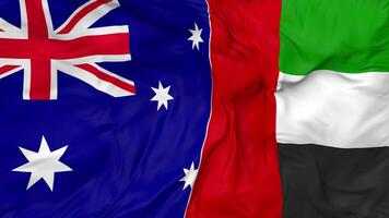 United Arab Emirates and Australia Flags Together Seamless Looping Background, Looped Bump Texture Cloth Waving Slow Motion, 3D Rendering video