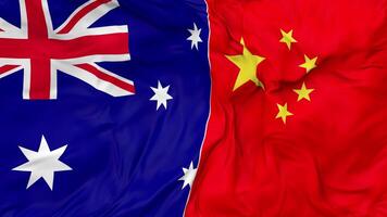 China and Australia Flags Together Seamless Looping Background, Looped Bump Texture Cloth Waving Slow Motion, 3D Rendering video