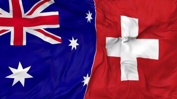 Switzerland and Australia Flags Together Seamless Looping Background, Looped Bump Texture Cloth Waving Slow Motion, 3D Rendering video