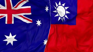 Taiwan and Australia Flags Together Seamless Looping Background, Looped Bump Texture Cloth Waving Slow Motion, 3D Rendering video