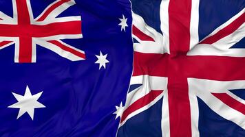 United Kingdom and Australia Flags Together Seamless Looping Background, Looped Bump Texture Cloth Waving Slow Motion, 3D Rendering video