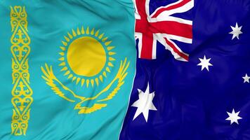 Kazakhstan and Australia Flags Together Seamless Looping Background, Looped Bump Texture Cloth Waving Slow Motion, 3D Rendering video