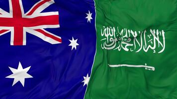 KSA, Kingdom of Saudi Arabia and Australia Flags Together Seamless Looping Background, Looped Bump Texture Cloth Waving Slow Motion, 3D Rendering video