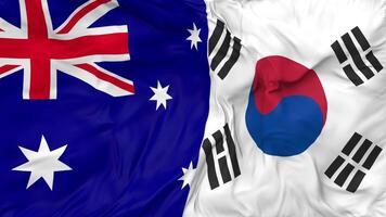 South Korea and Australia Flags Together Seamless Looping Background, Looped Bump Texture Cloth Waving Slow Motion, 3D Rendering video