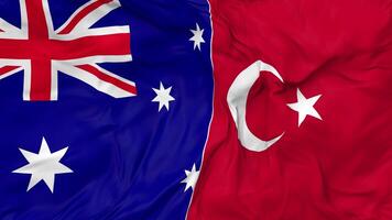 Turkey and Australia Flags Together Seamless Looping Background, Looped Bump Texture Cloth Waving Slow Motion, 3D Rendering video