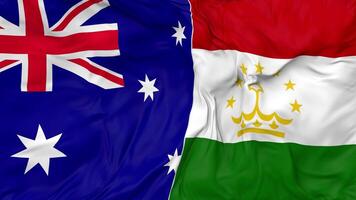 Tajikistan and Australia Flags Together Seamless Looping Background, Looped Bump Texture Cloth Waving Slow Motion, 3D Rendering video