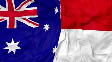 Indonesia and Australia Flags Together Seamless Looping Background, Looped Bump Texture Cloth Waving Slow Motion, 3D Rendering video