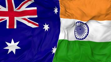 India and Australia Flags Together Seamless Looping Background, Looped Bump Texture Cloth Waving Slow Motion, 3D Rendering video