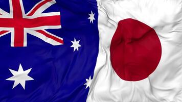 Japan and Australia Flags Together Seamless Looping Background, Looped Bump Texture Cloth Waving Slow Motion, 3D Rendering video