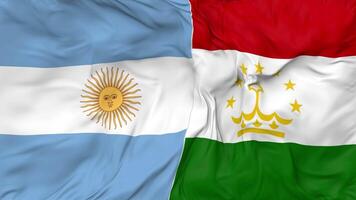Argentinien und Tadschikistan Flaggen zusammen nahtlos Schleifen Hintergrund, geloopt stoßen Textur Stoff winken schleppend Bewegung, 3d Rendern video