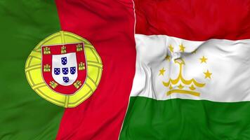 Portugal e tajiquistão bandeiras juntos desatado looping fundo, em loop colisão textura pano acenando lento movimento, 3d Renderização video