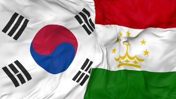 South Korea and Tajikistan Flags Together Seamless Looping Background, Looped Bump Texture Cloth Waving Slow Motion, 3D Rendering video