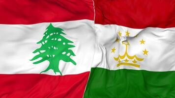 Líbano y Tayikistán banderas juntos sin costura bucle fondo, serpenteado bache textura paño ondulación lento movimiento, 3d representación video