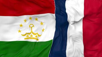 Francia y Tayikistán banderas juntos sin costura bucle fondo, serpenteado bache textura paño ondulación lento movimiento, 3d representación video