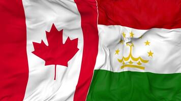 Canadá y Tayikistán banderas juntos sin costura bucle fondo, serpenteado bache textura paño ondulación lento movimiento, 3d representación video
